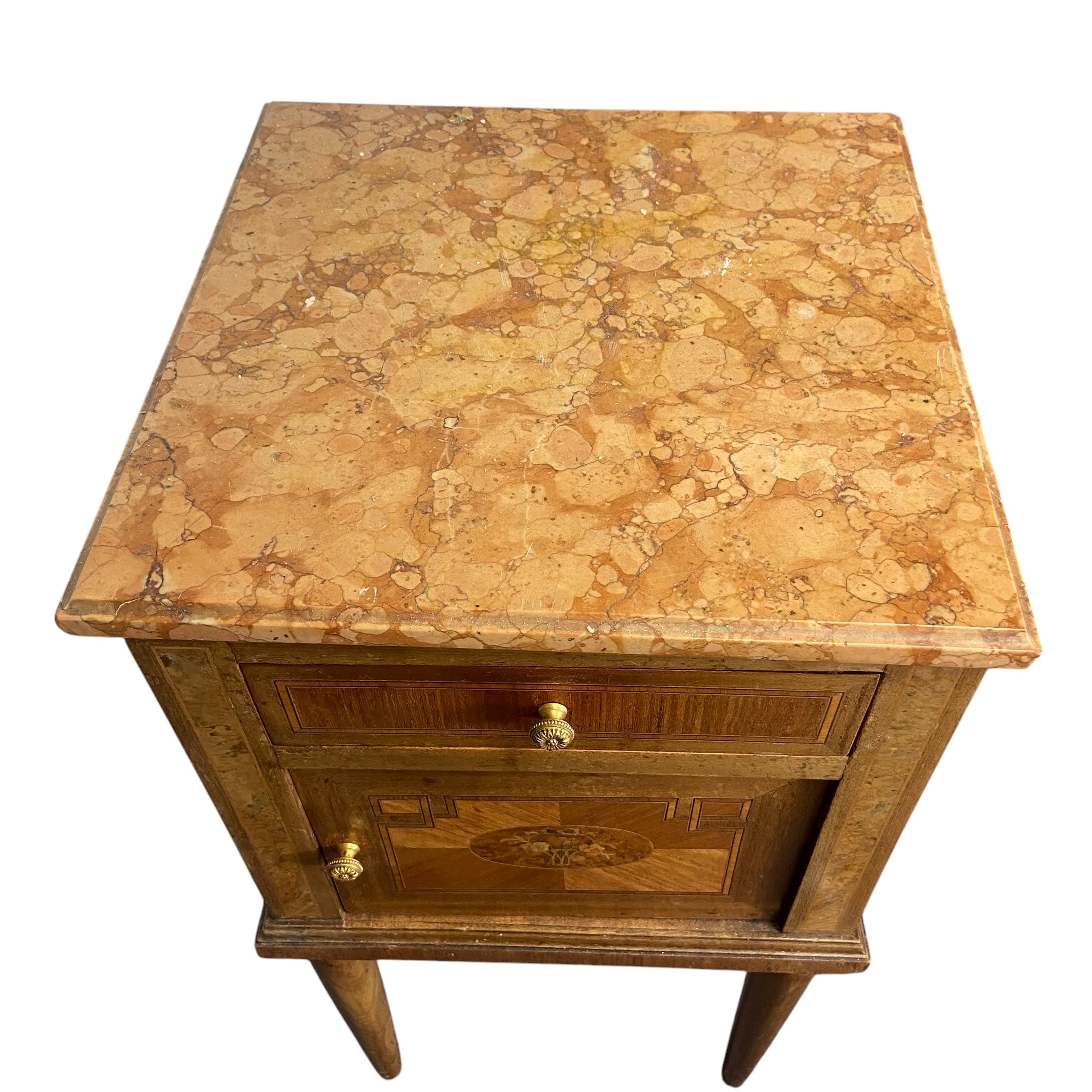 A C.1900 century French walnut bedside cabinet with square marble top over the crossbanded frieze - Image 3 of 5