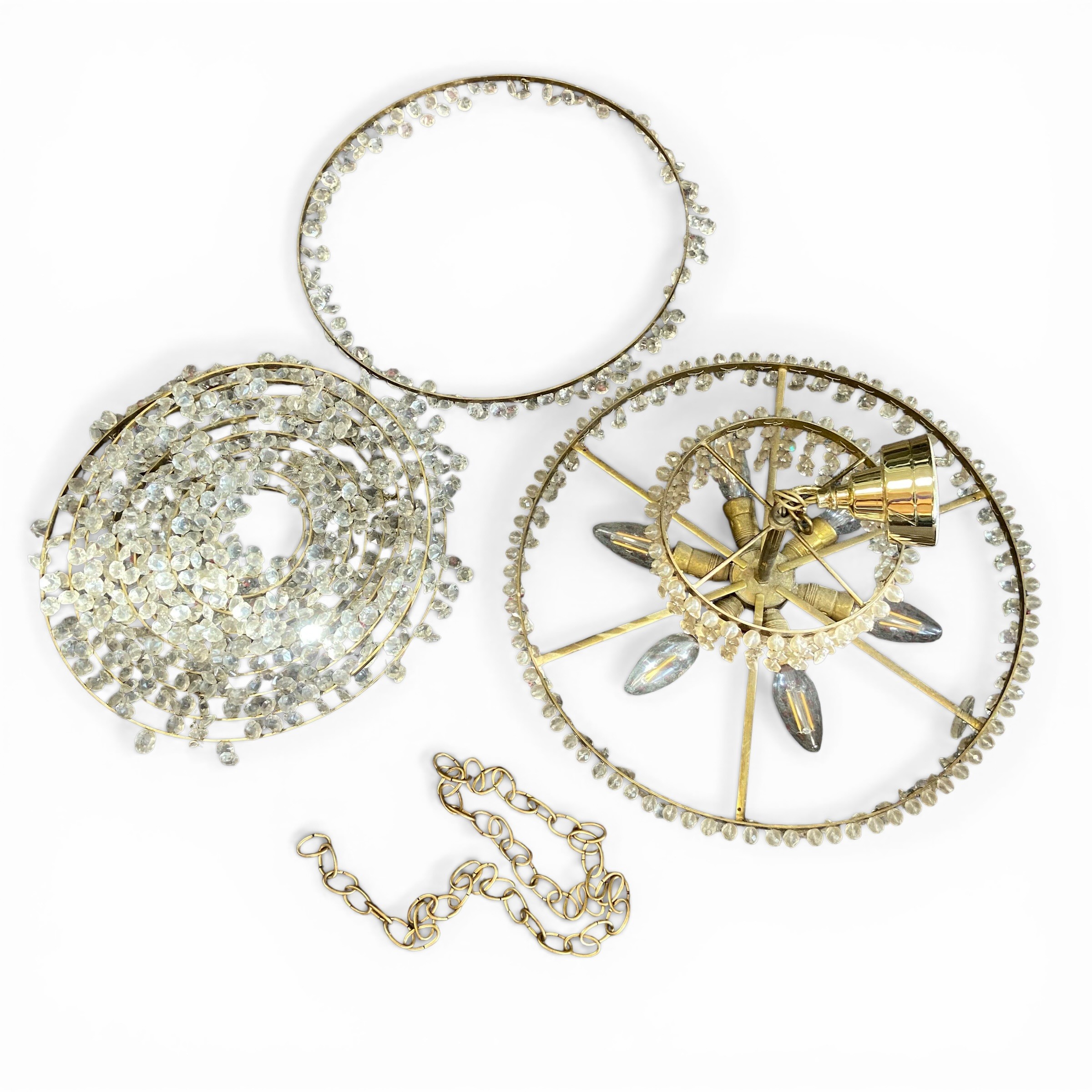 A vintage Bohemian cut glass basket chandelier with rows of round drops suspended from a circular