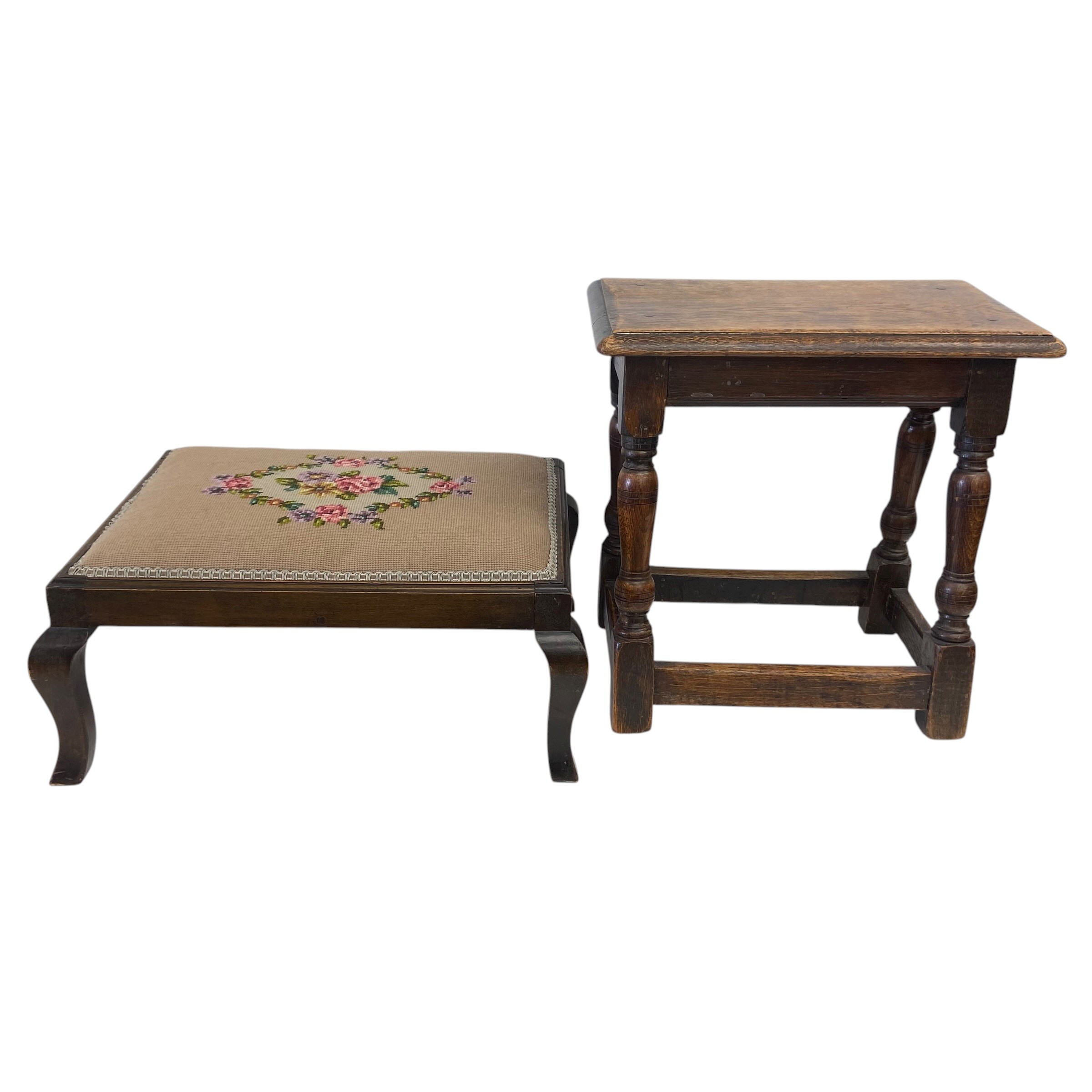 Two early 20th century oak joint stools together with an early 20th century needlework upholstered - Image 3 of 11