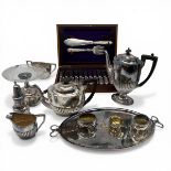 A mixed collection of silver plate to include a Walker & Hall reeded tea and coffee service together