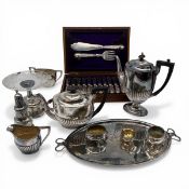 A mixed collection of silver plate to include a Walker & Hall reeded tea and coffee service together
