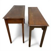 Two Georgian style mahogany side or console tables with thumb-moulded plank tops raised on