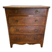 A 19th century mahogany chest of four long satinwood inlaid drawers over the shaped apron raised