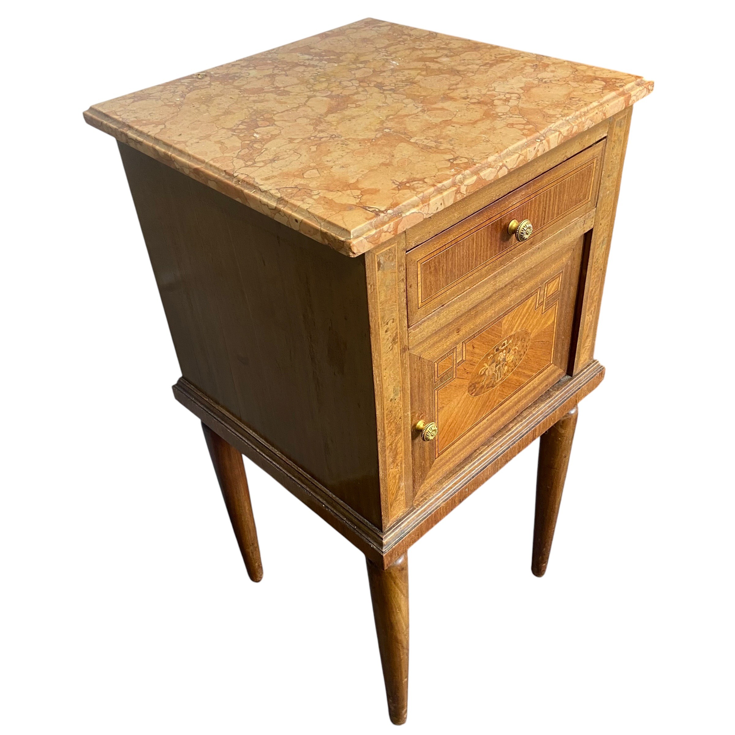 A C.1900 century French walnut bedside cabinet with square marble top over the crossbanded frieze - Image 5 of 5