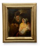 A 20th century oil on panel, genre style portrait of a family in a gilt frame. H.43 W.37cm.