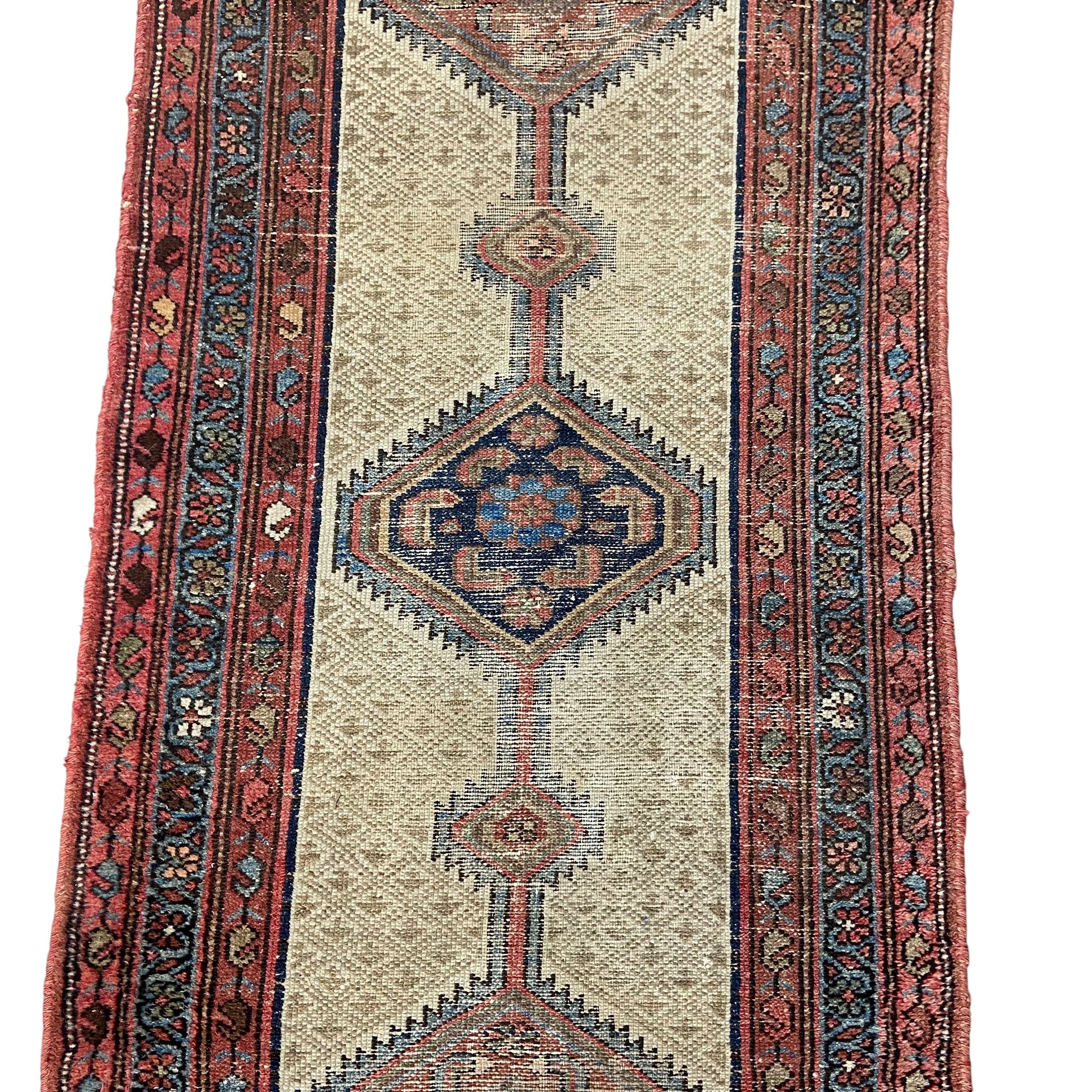 A Persian Sarab runner with central stepped pole medallion in a repeating geometric field over an - Image 3 of 5
