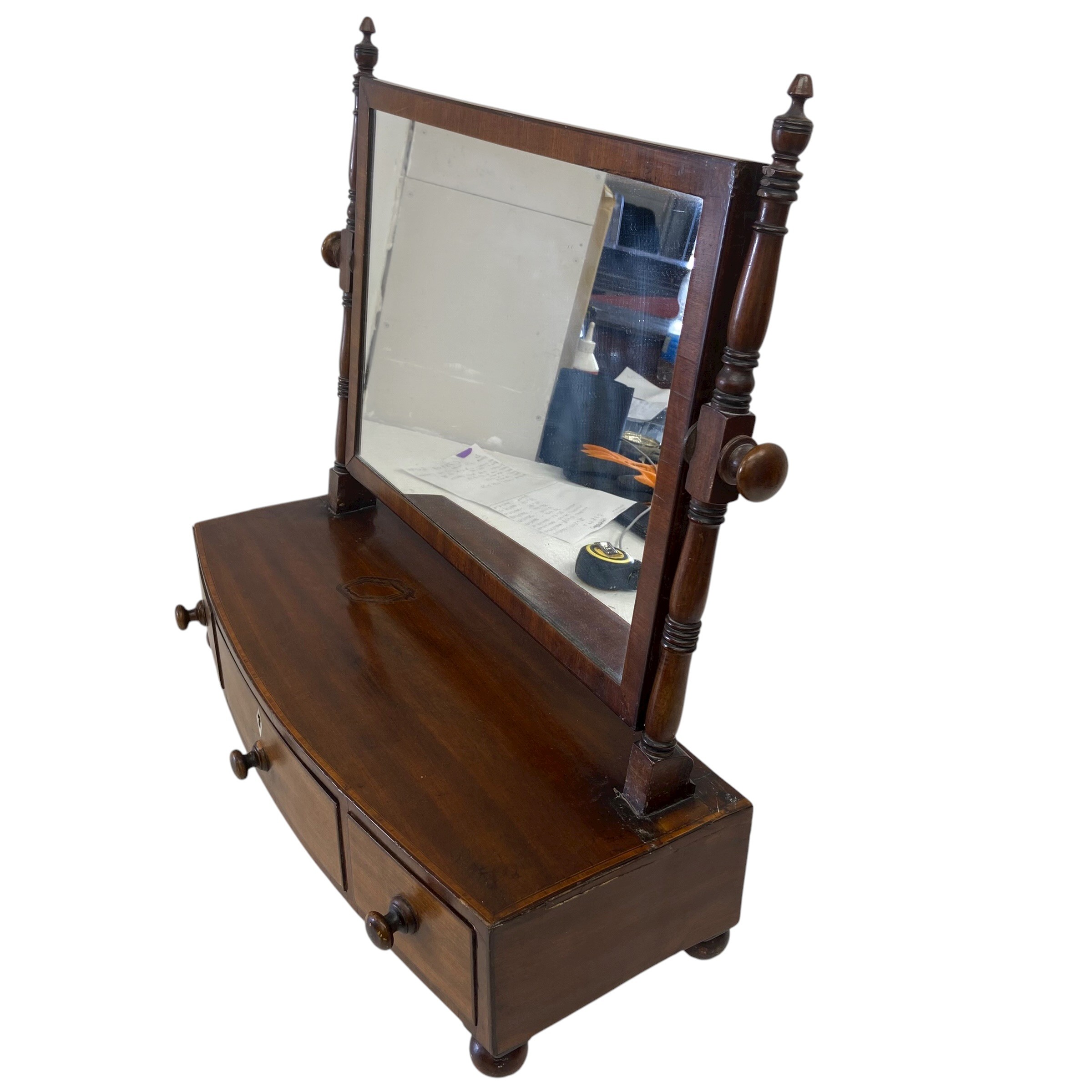 A 19th century mahogany toilet swing mirror with square plate in a crossbanded frame over three - Image 4 of 5