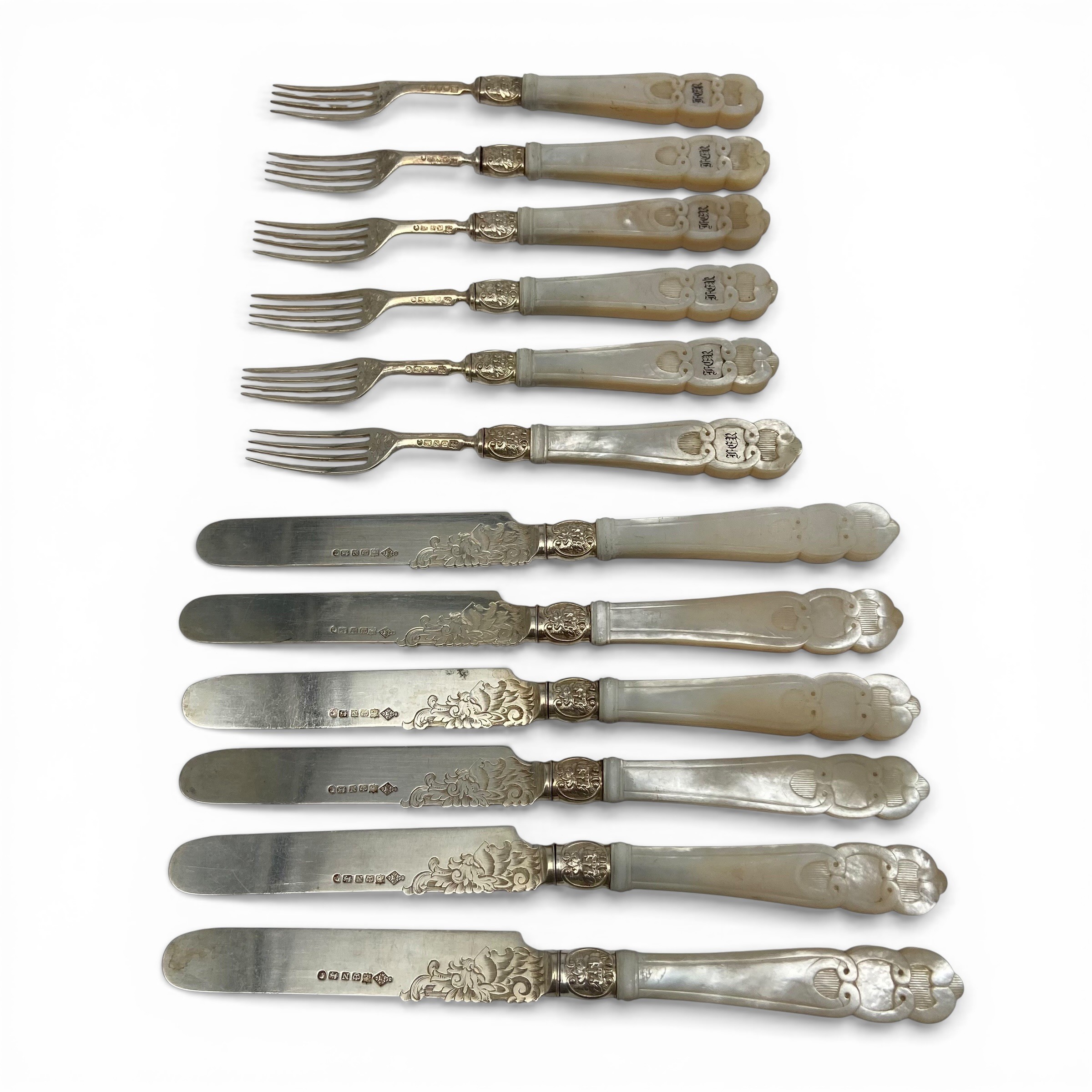 A Victorian hallmarked sterling silver dessert cutlery service with carved mother-of-pearl handles - Image 4 of 11
