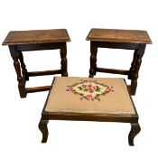 Two early 20th century oak joint stools together with an early 20th century needlework upholstered