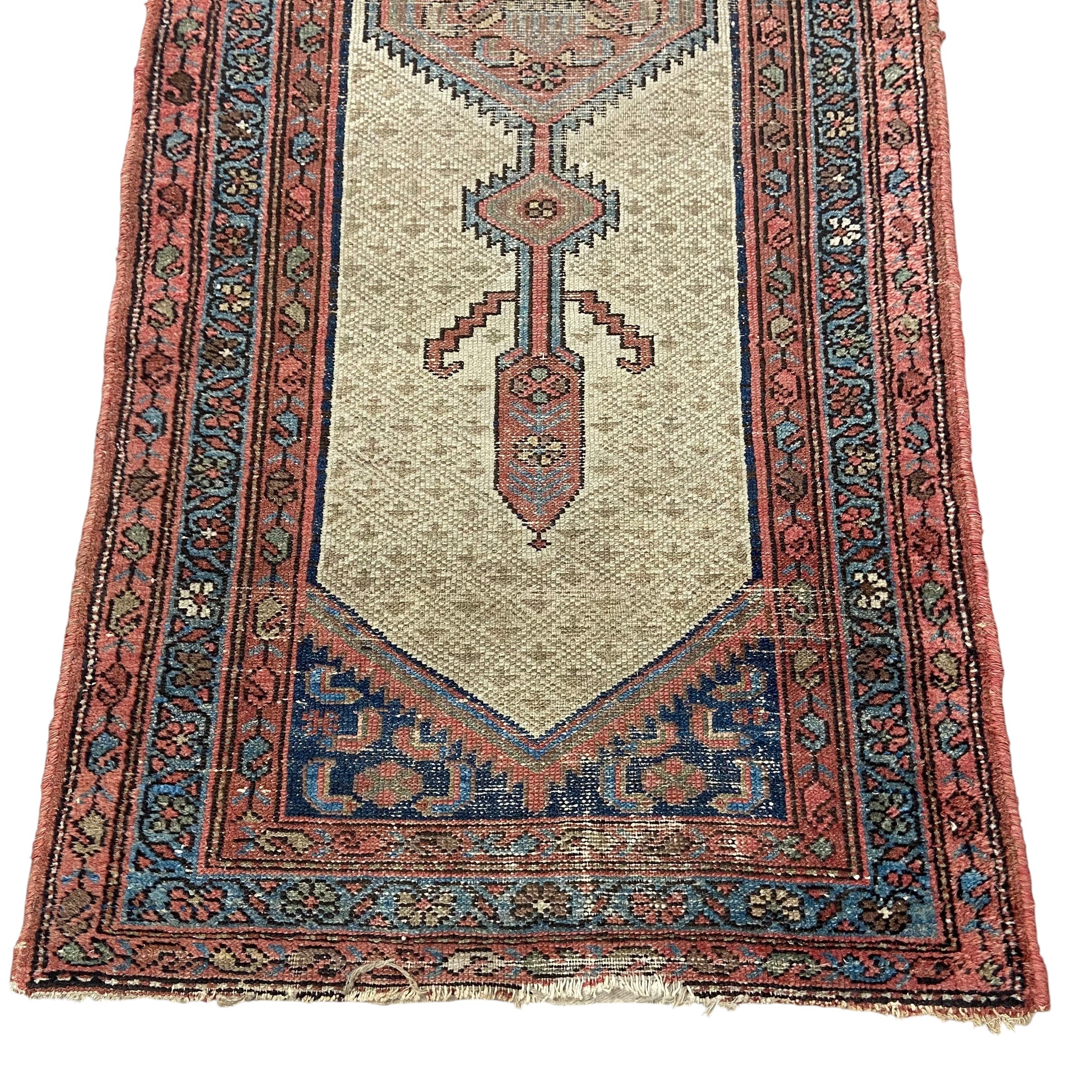 A Persian Sarab runner with central stepped pole medallion in a repeating geometric field over an - Image 2 of 5