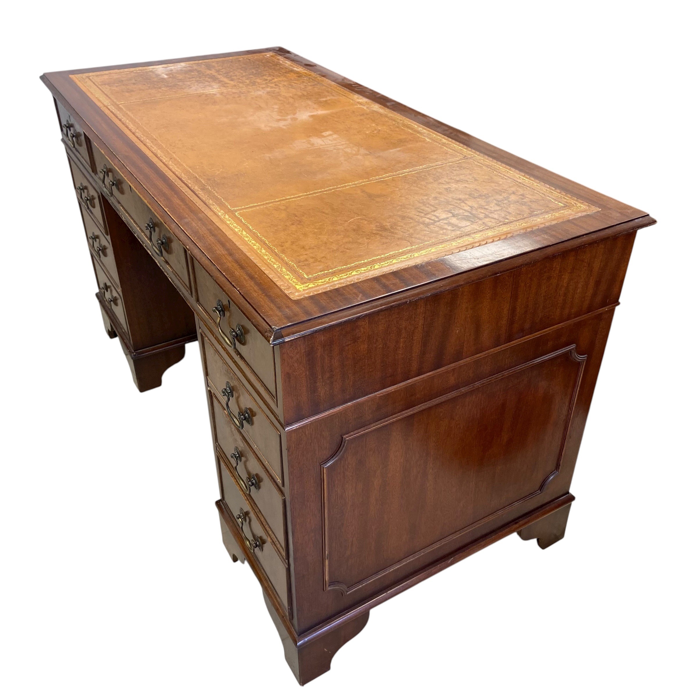 An mid 20th century Georgian style mahogany twin pedestal desk with gilt and tooled tan leather - Image 3 of 4