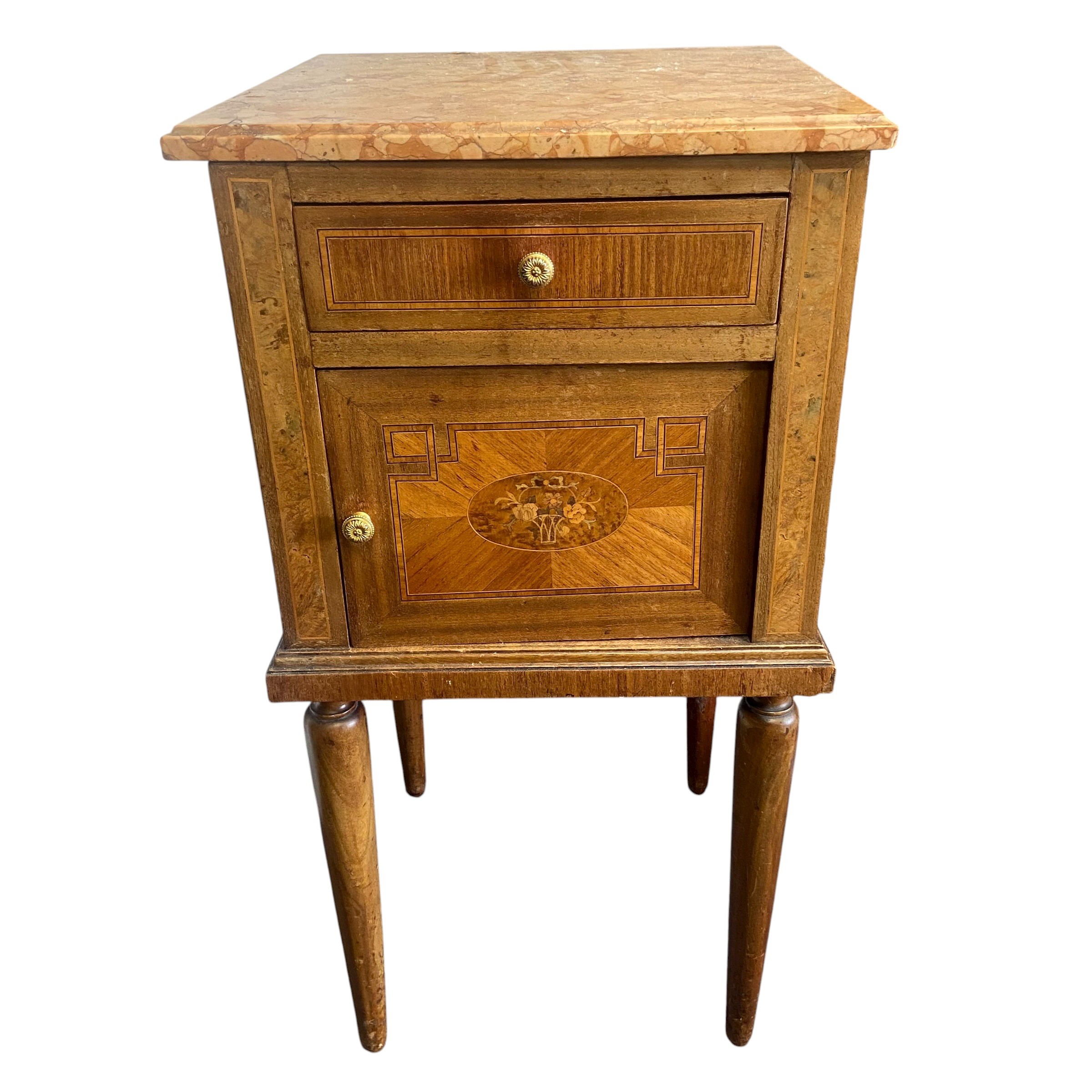 A C.1900 century French walnut bedside cabinet with square marble top over the crossbanded frieze
