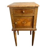 A C.1900 century French walnut bedside cabinet with square marble top over the crossbanded frieze