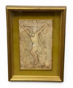 A modern oil on board, abstract expressionist style Jesus on the cross. Signed and dated 1969 in a