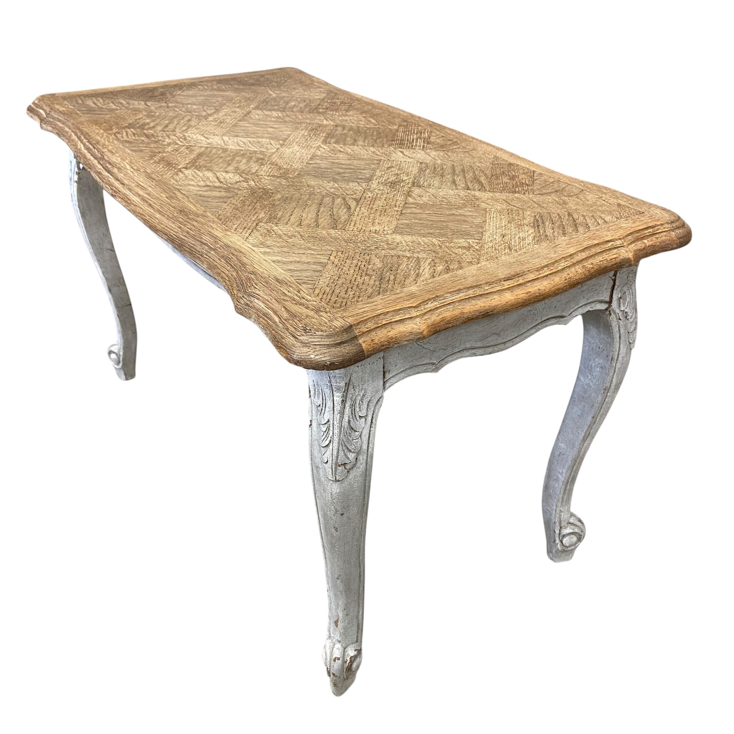A vintage French farmhouse style coffee table with quatrefoil parquetry top raised on carved, - Image 4 of 4
