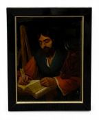 A framed 20th century reverse glass painting of St. Luke the Evangelist. H.40 W.31cm.