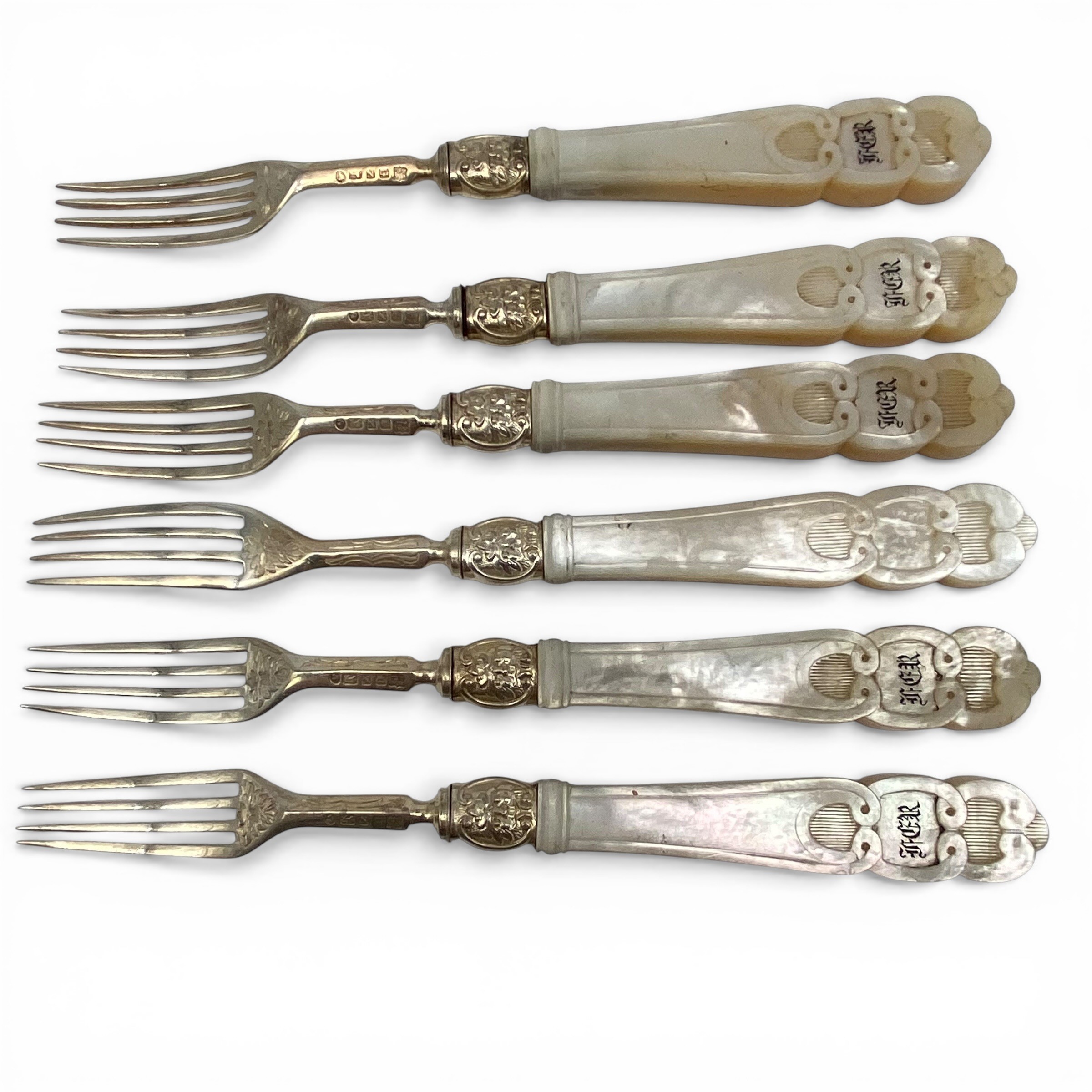 A Victorian hallmarked sterling silver dessert cutlery service with carved mother-of-pearl handles - Image 8 of 11