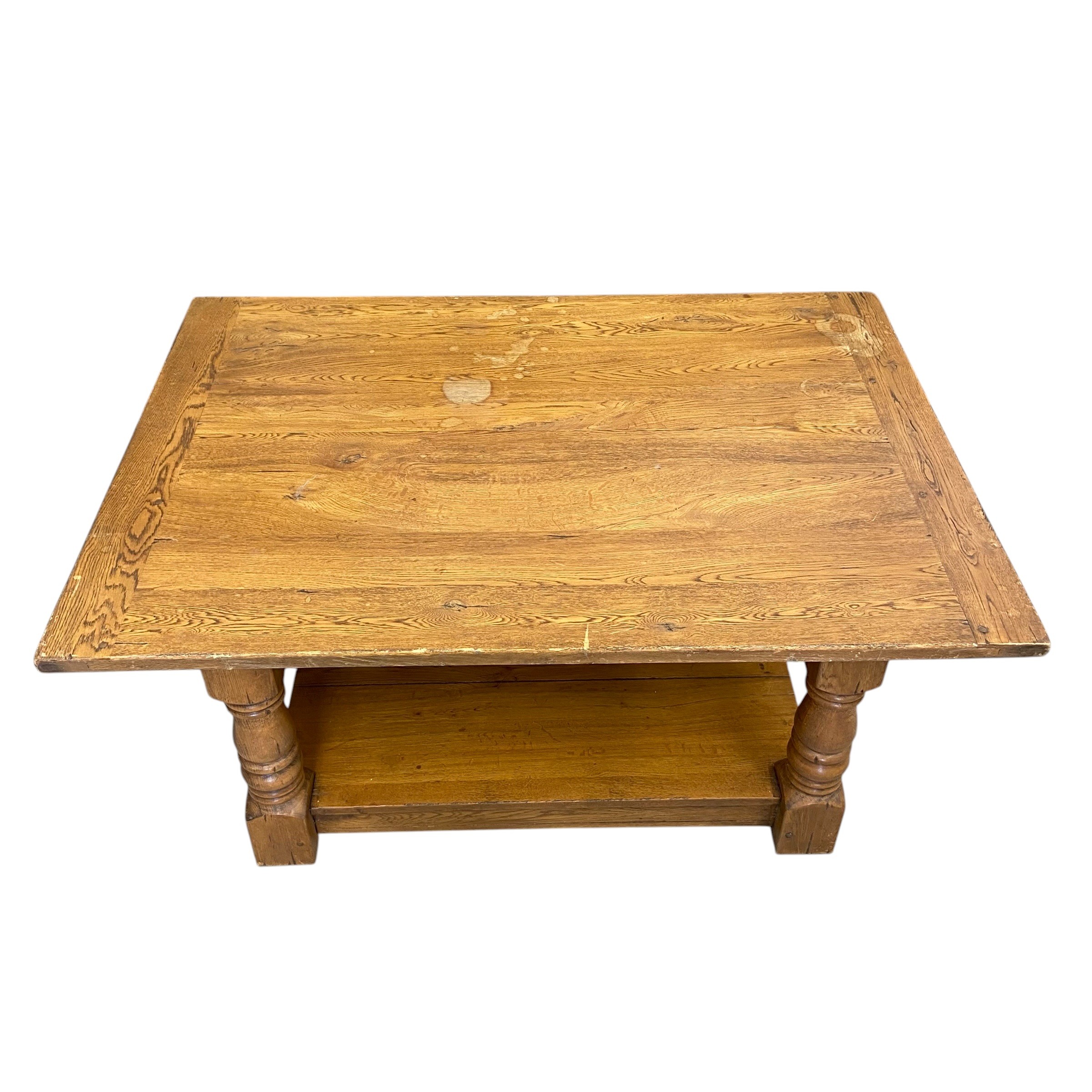 A vintage farmhouse style oak coffee table with plank top raised on heavy turned supports united - Image 2 of 4