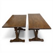 Two contemporary refectory style dining or centre tables with rectangular tops raised on turned