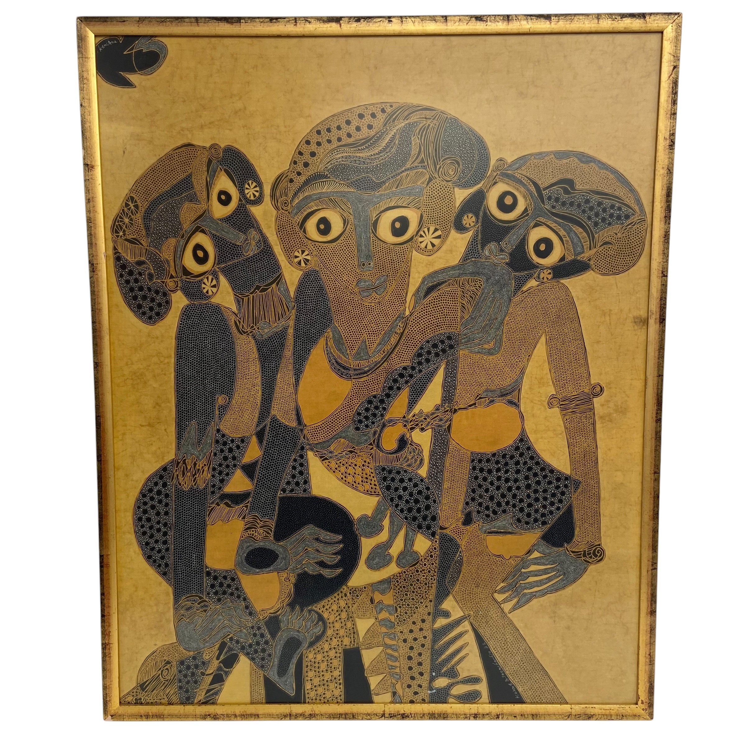 A large 1970s Indonesian batik fabric painting depicting three deities or figures from folklore.