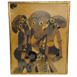 A large 1970s Indonesian batik fabric painting depicting three deities or figures from folklore.