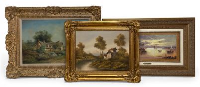 A signed contemporary oil on canvas, thatched country cottage, by David Ronald together with two
