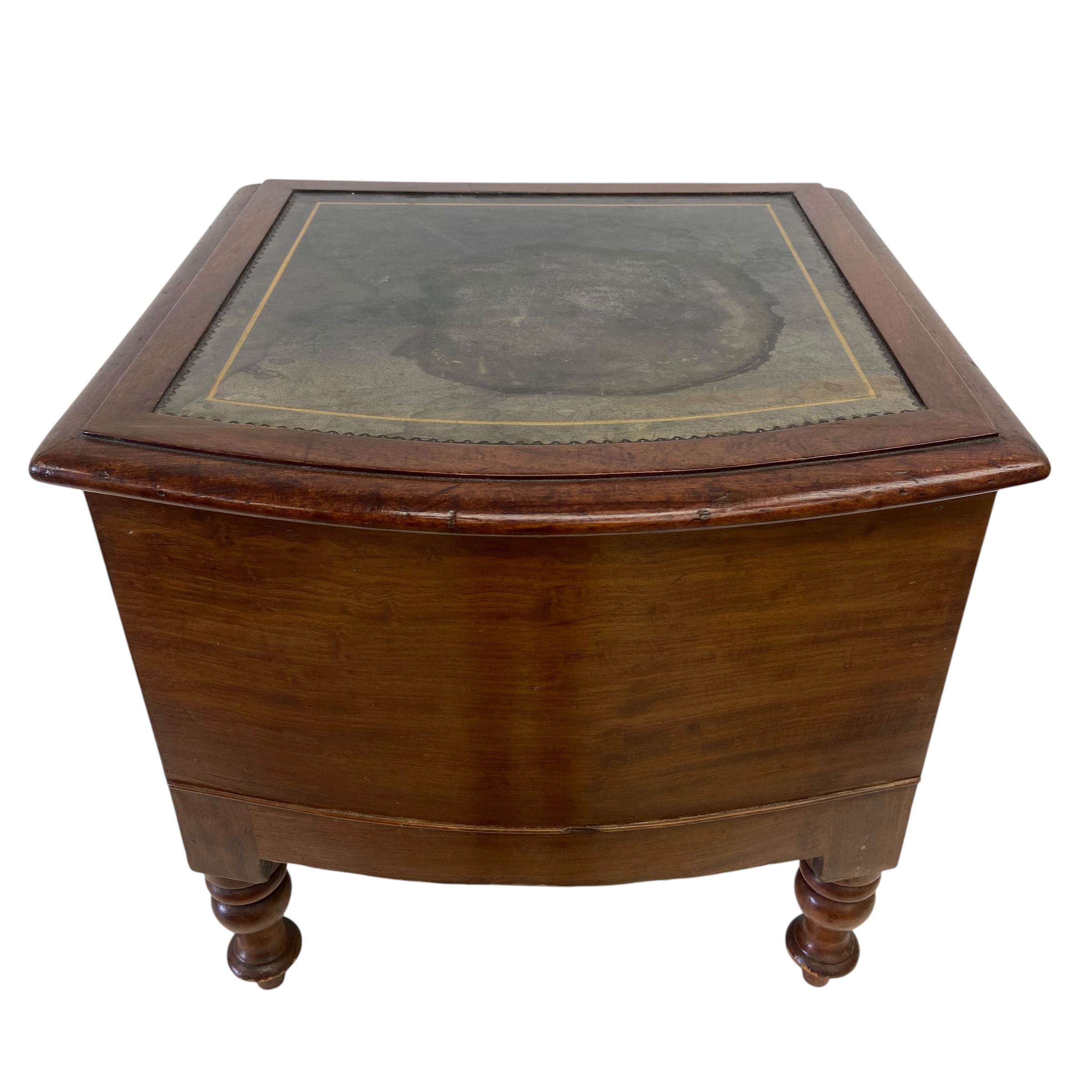A Victorian mahogany bow-fronted step commode with tooled and gilt leather inset top, hinged to