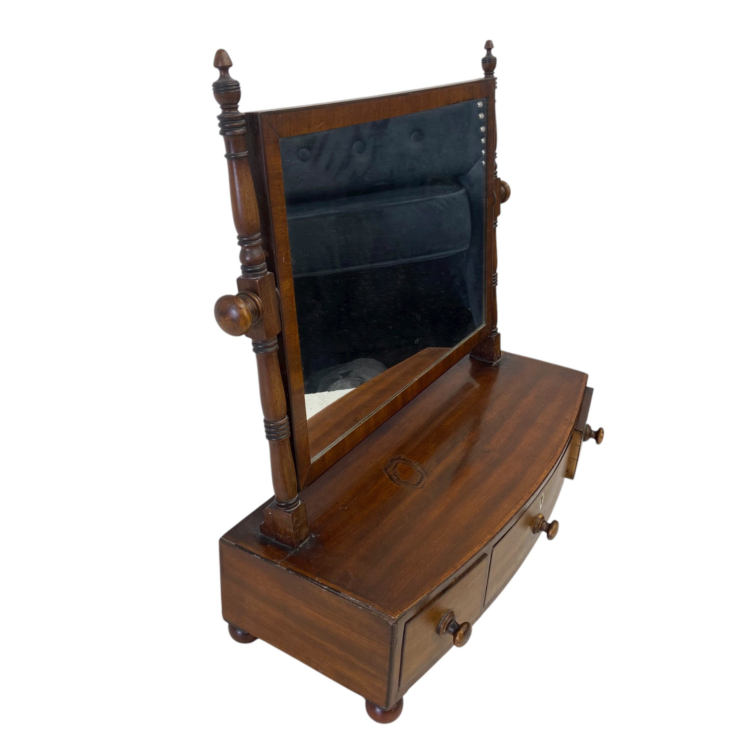 A 19th century mahogany toilet swing mirror with square plate in a crossbanded frame over three - Image 3 of 5