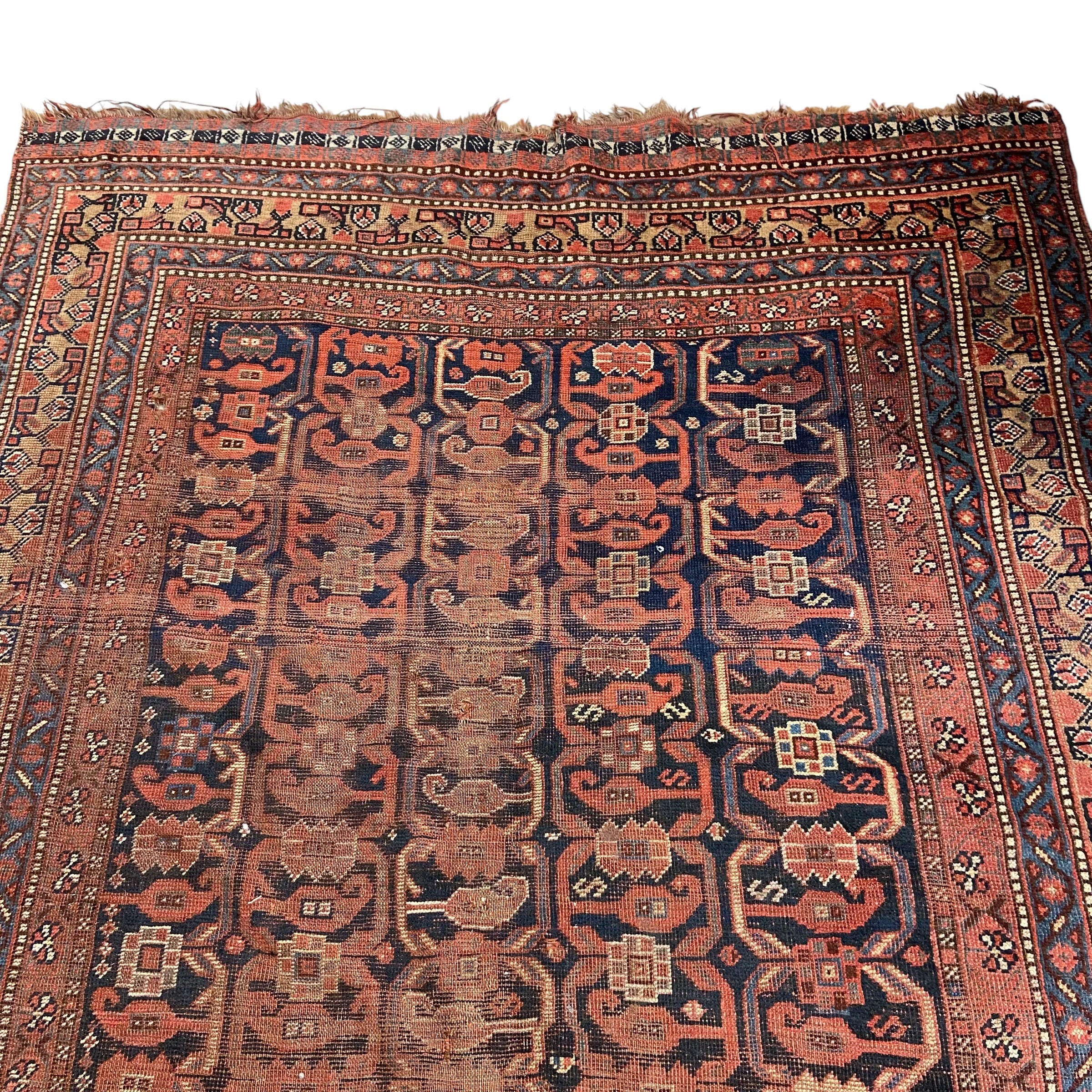 A large Persian Baluch carpet with five rows of sixteen polychrome guls over a midnight blue - Image 3 of 5