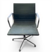 A vintage Eames Aluminium Group EA 117 swivel office armchair with ribbed fabric upholstered back