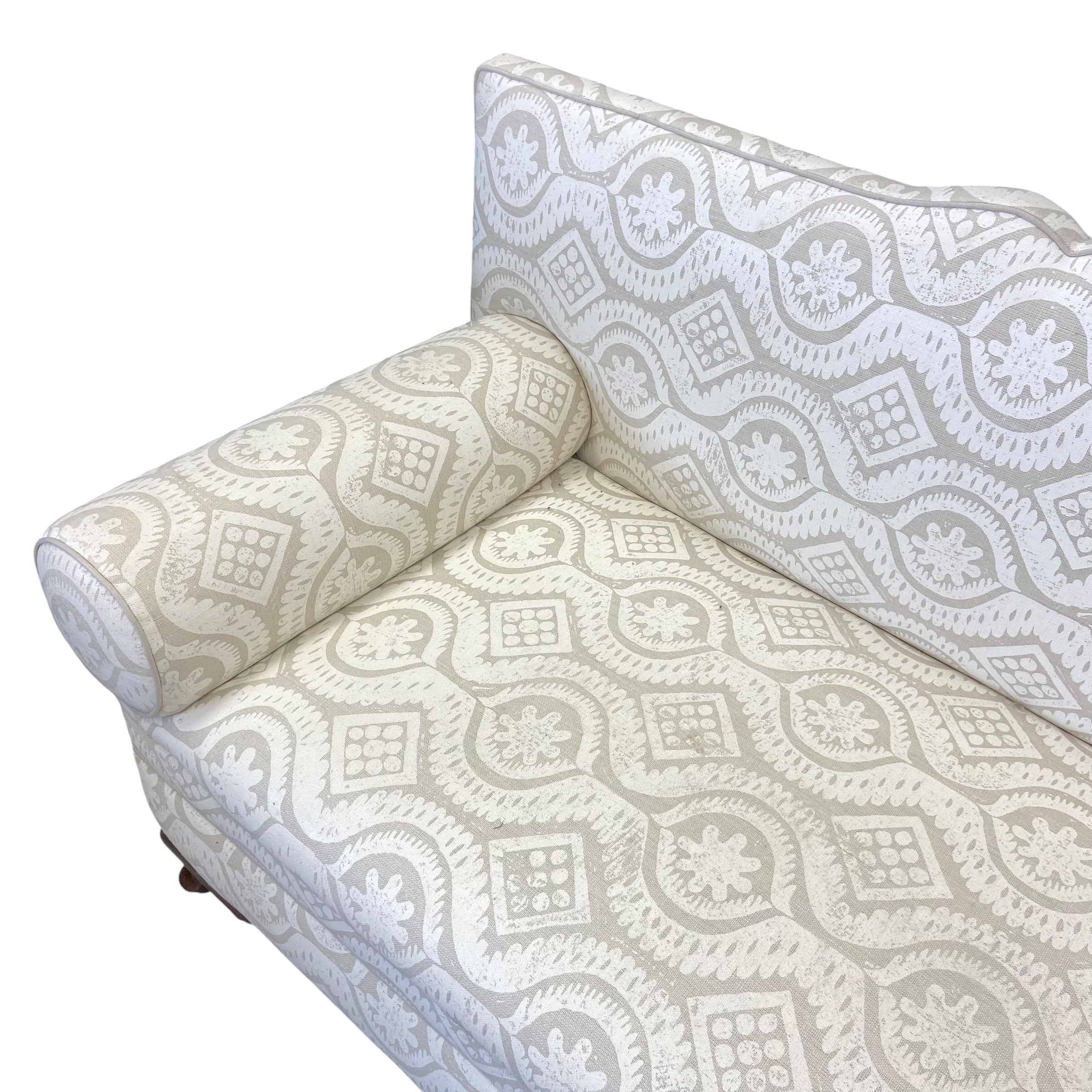 A vintage two seater sofa with shaped back and scrolled arms over the re-upholstered printed - Image 3 of 6