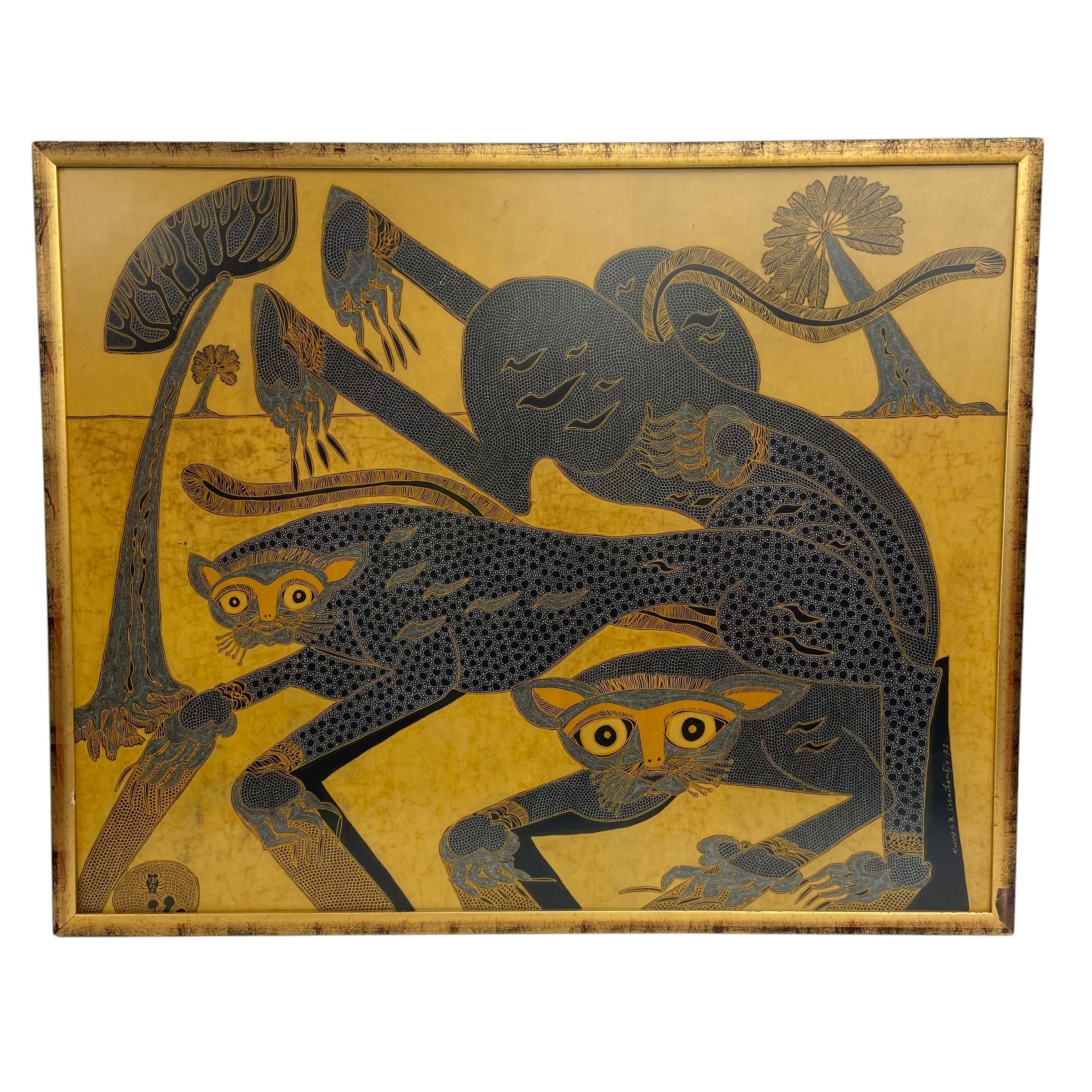A large 1970s Indonesian batik fabric painting depicting deities or figures from folklore. Signed