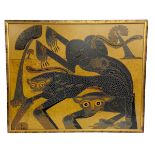 A large 1970s Indonesian batik fabric painting depicting deities or figures from folklore. Signed
