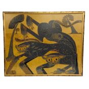 A large 1970s Indonesian batik fabric painting depicting deities or figures from folklore. Signed