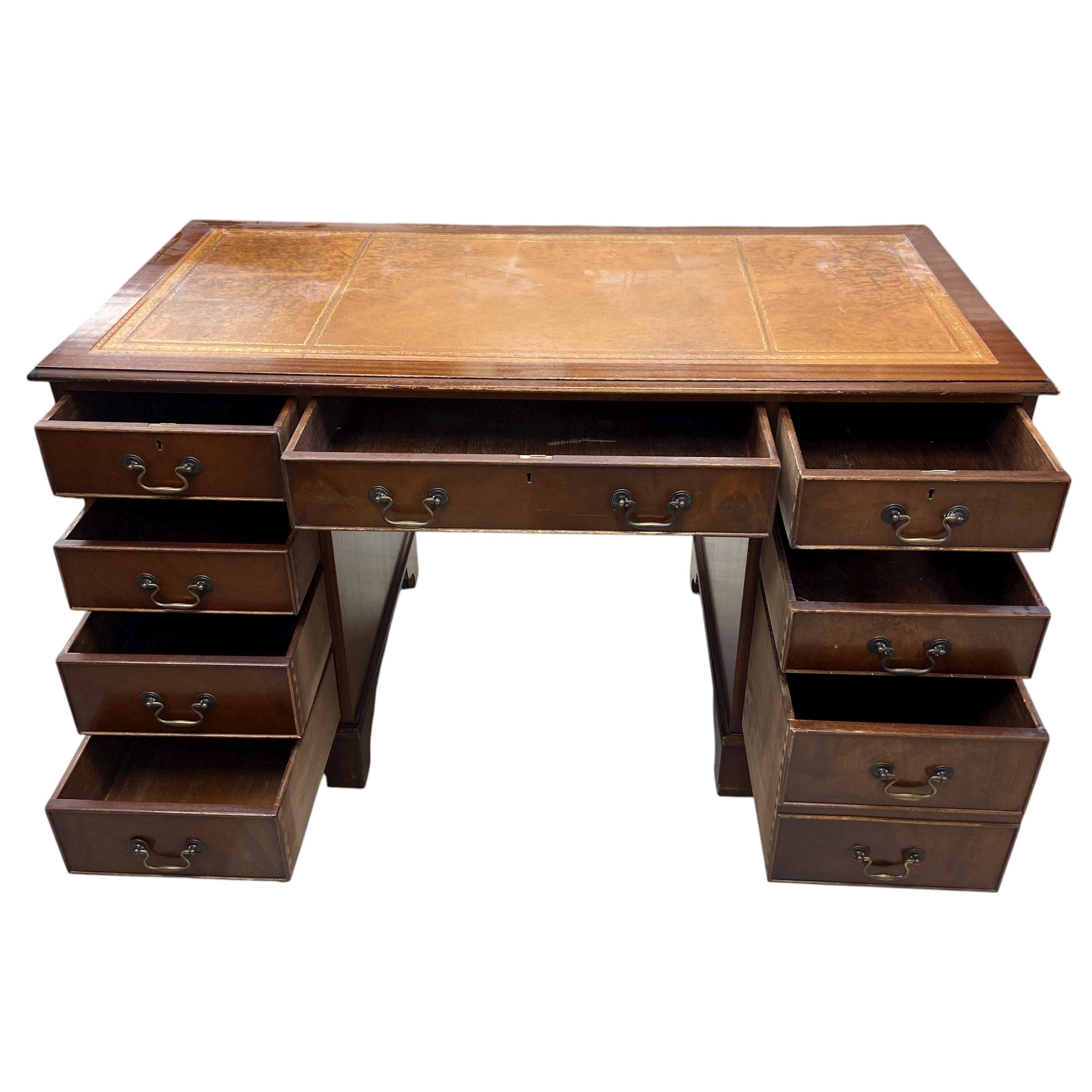 An mid 20th century Georgian style mahogany twin pedestal desk with gilt and tooled tan leather - Image 2 of 4