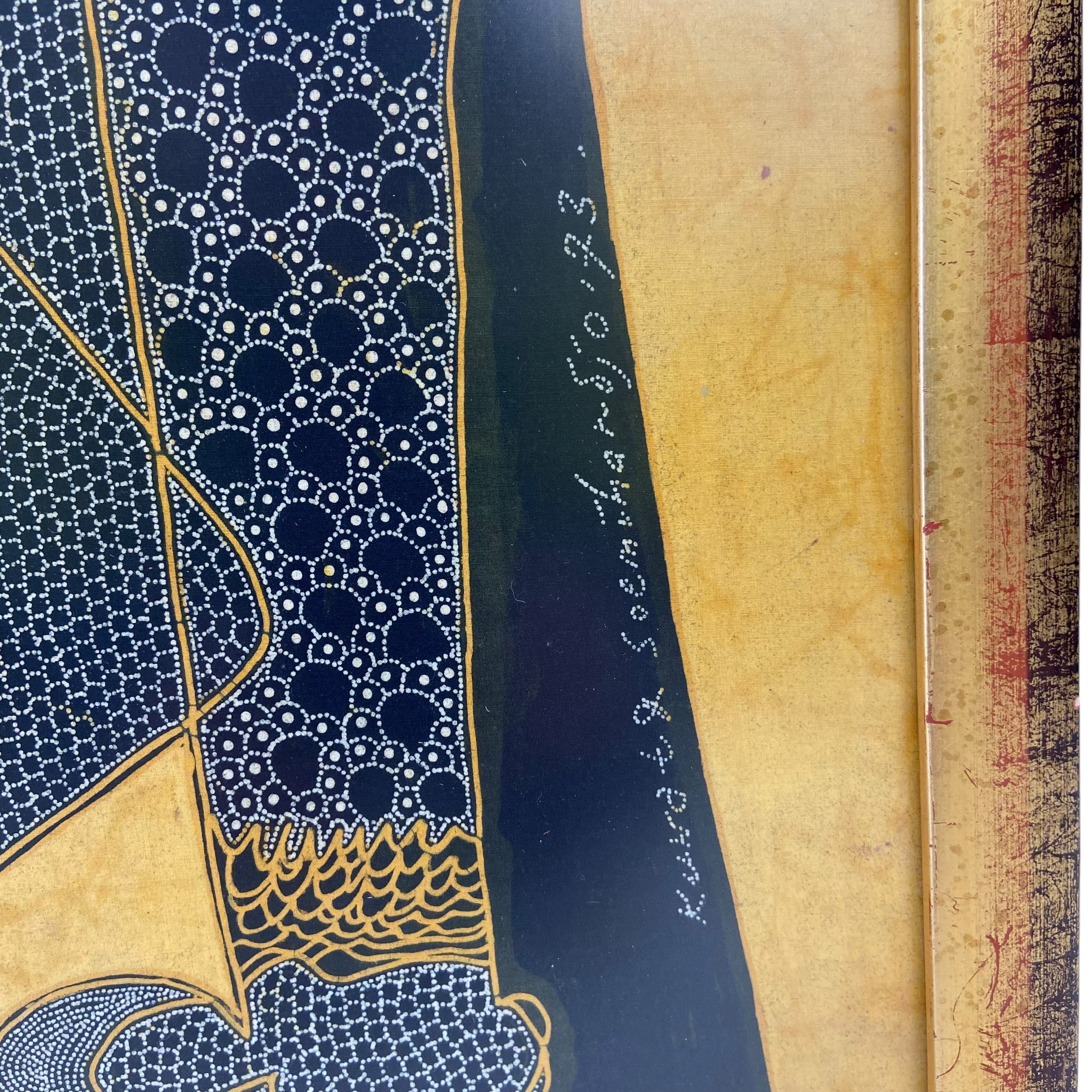 A large 1970s Indonesian batik fabric painting depicting deities or figures from folklore. Signed - Image 3 of 4