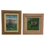 A contemporary signed oil on canvas-laid-board depicting a tree in a mountainous landscape, together
