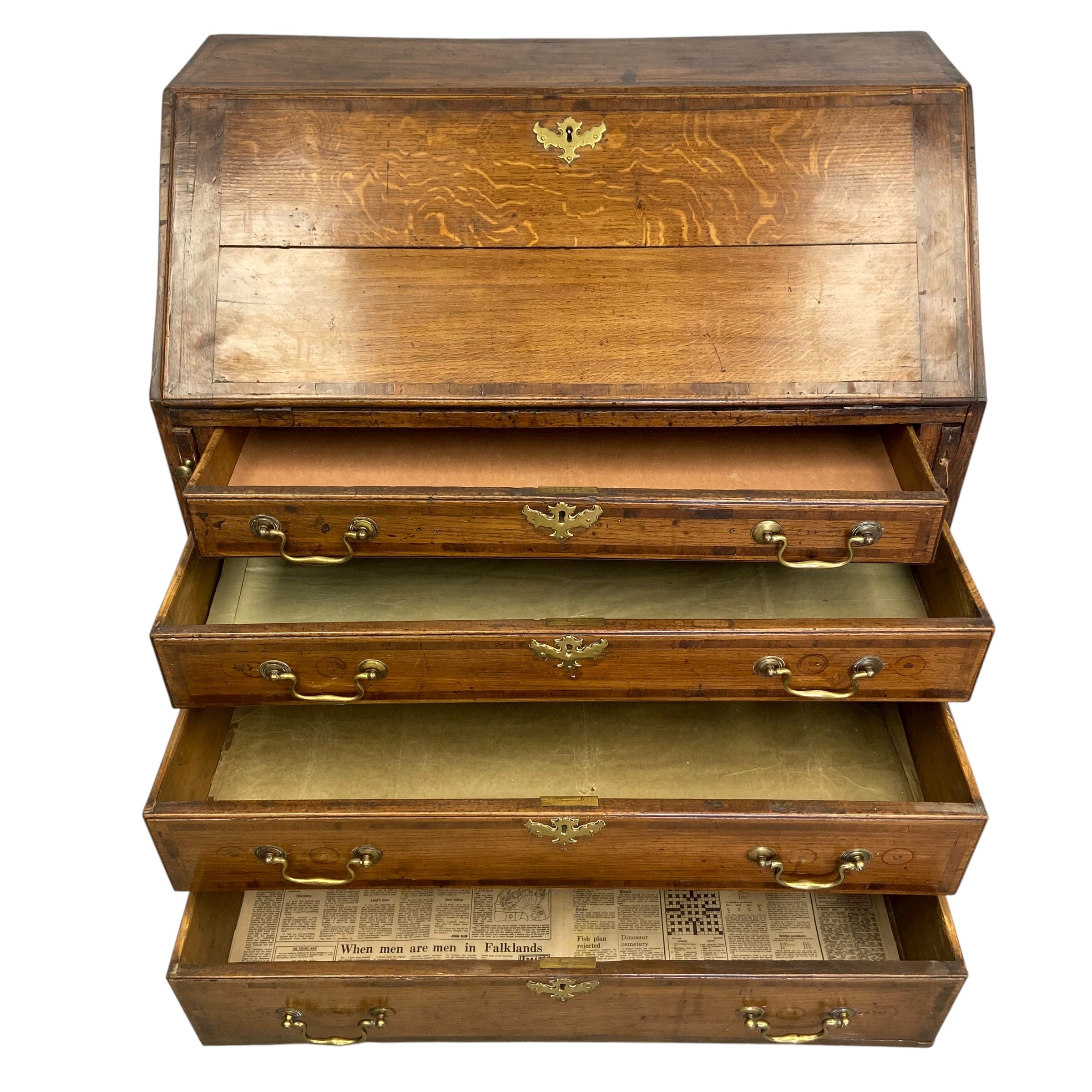 A Georgian oak bureau with fall front enclosing fitted interior over four long graduating drawers - Image 3 of 6