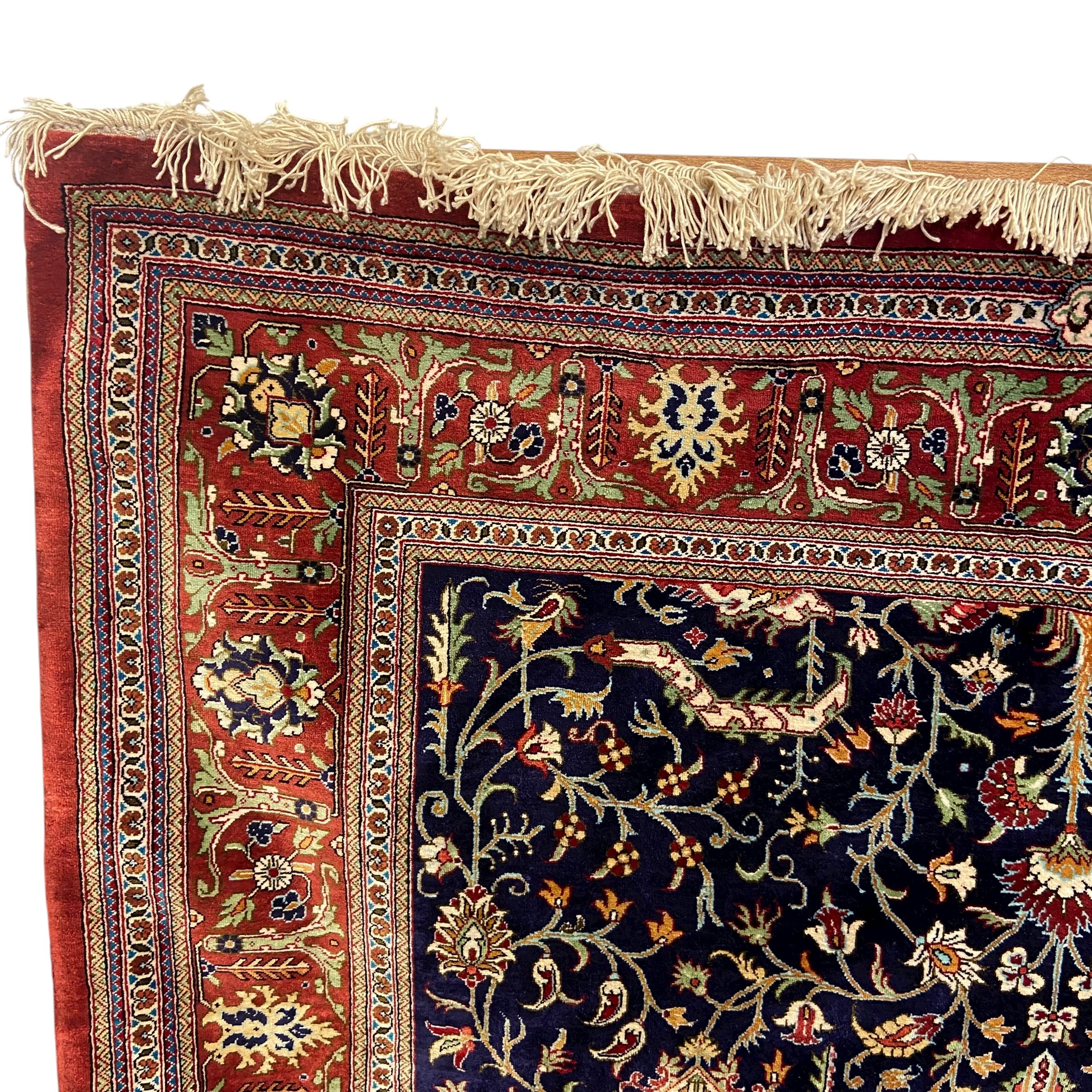 A signed Persian silk Qum rug with central lozenge medallion in a scrolling field over the - Image 3 of 5