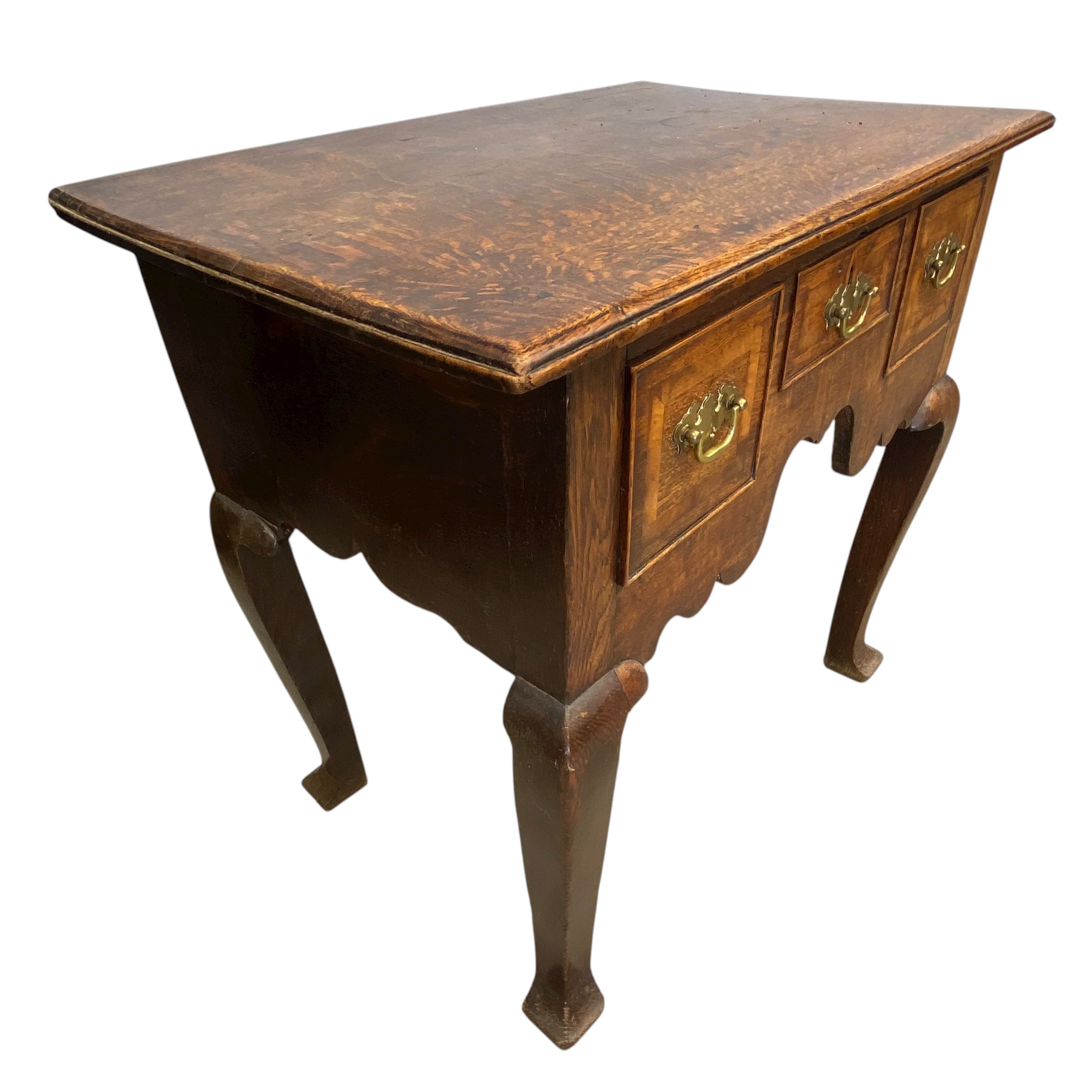 A Georgian oak lowboy with plank top over three frieze drawers raised on square section cabriole - Image 3 of 4