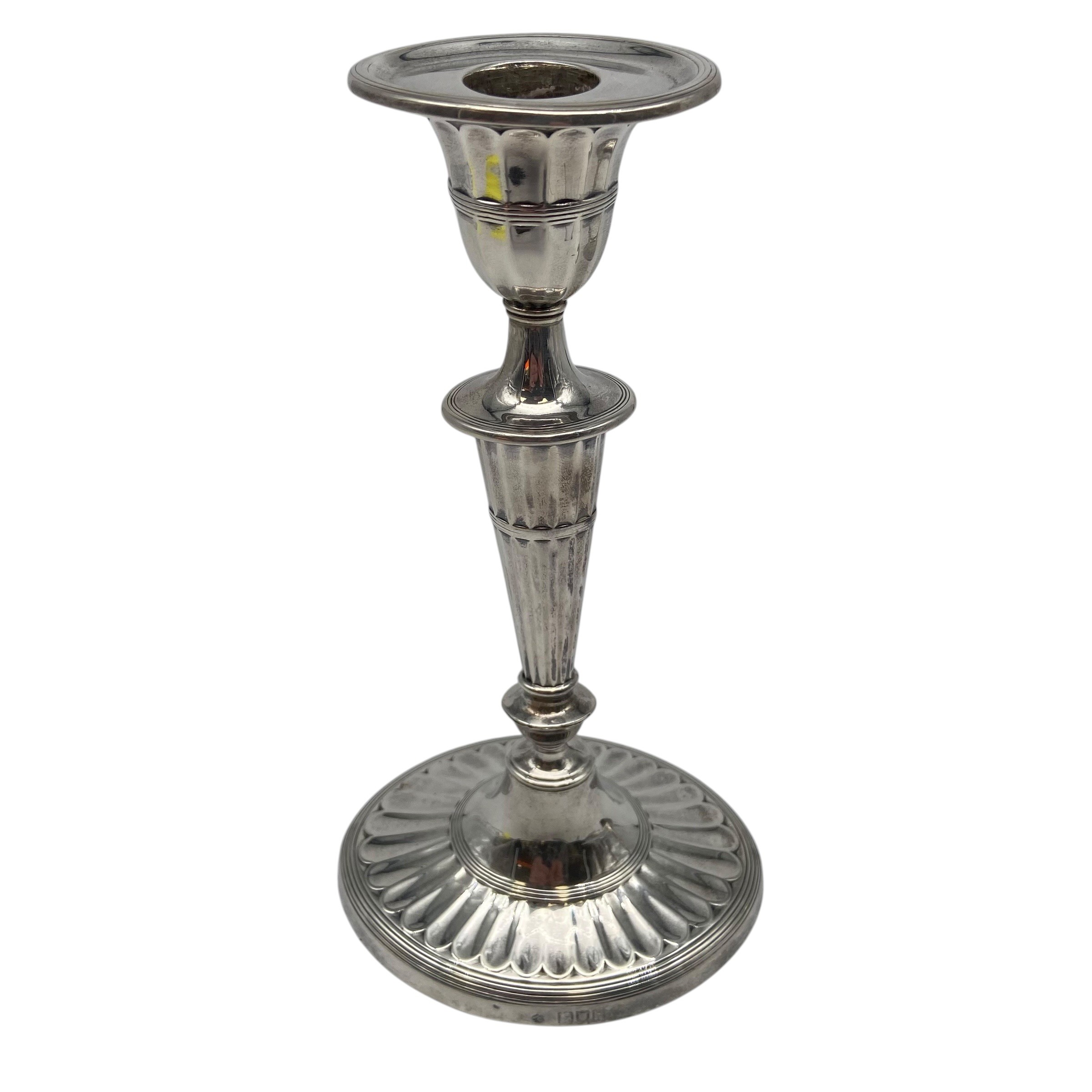 A C.1900 pair of sterling silver candlesticks with fluted stems and lobed circular bases by - Image 2 of 5