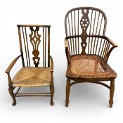 An 18th century elm and yew hooped back Windsor armchair along with a 19th century rush seated beech