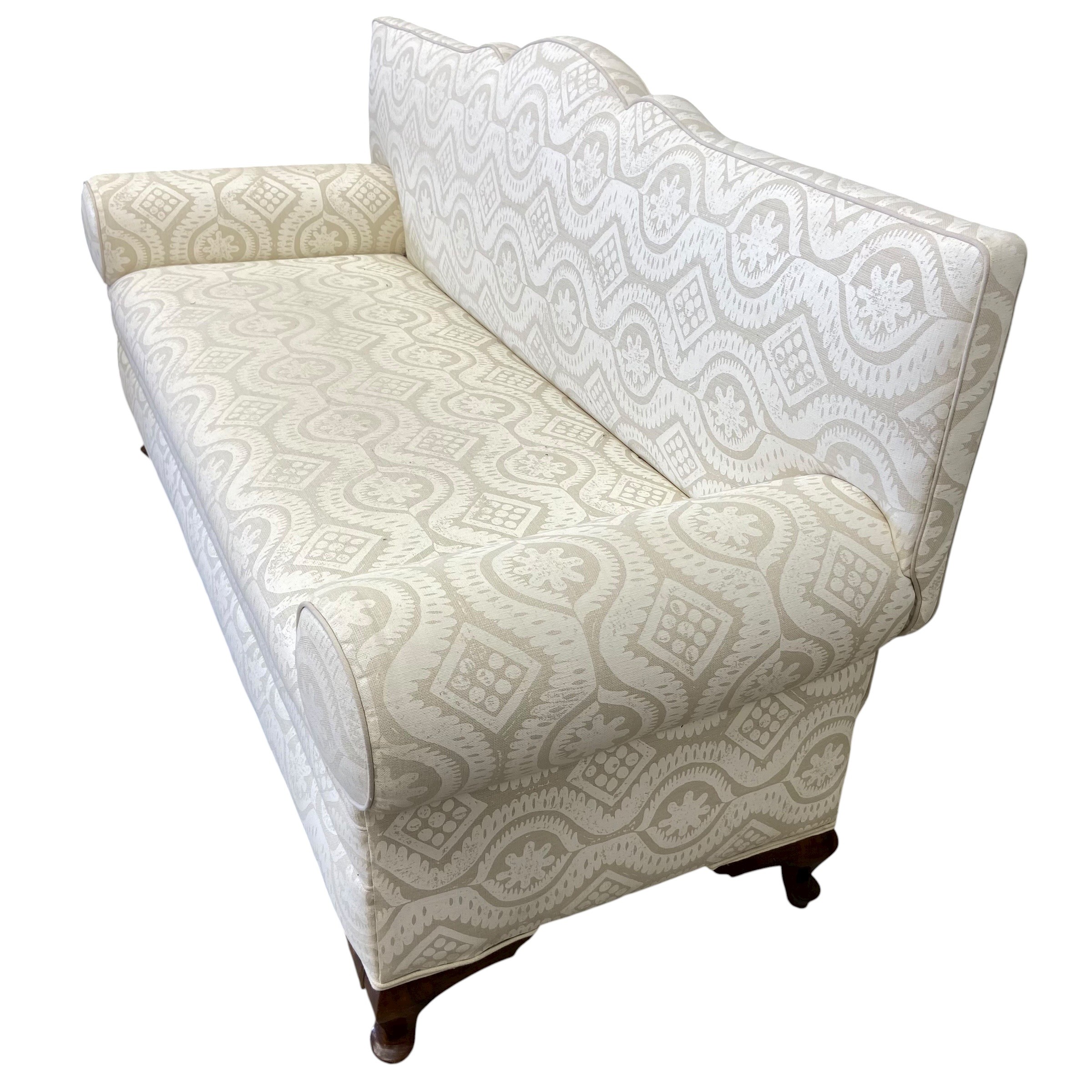 A vintage two seater sofa with shaped back and scrolled arms over the re-upholstered printed - Image 4 of 6