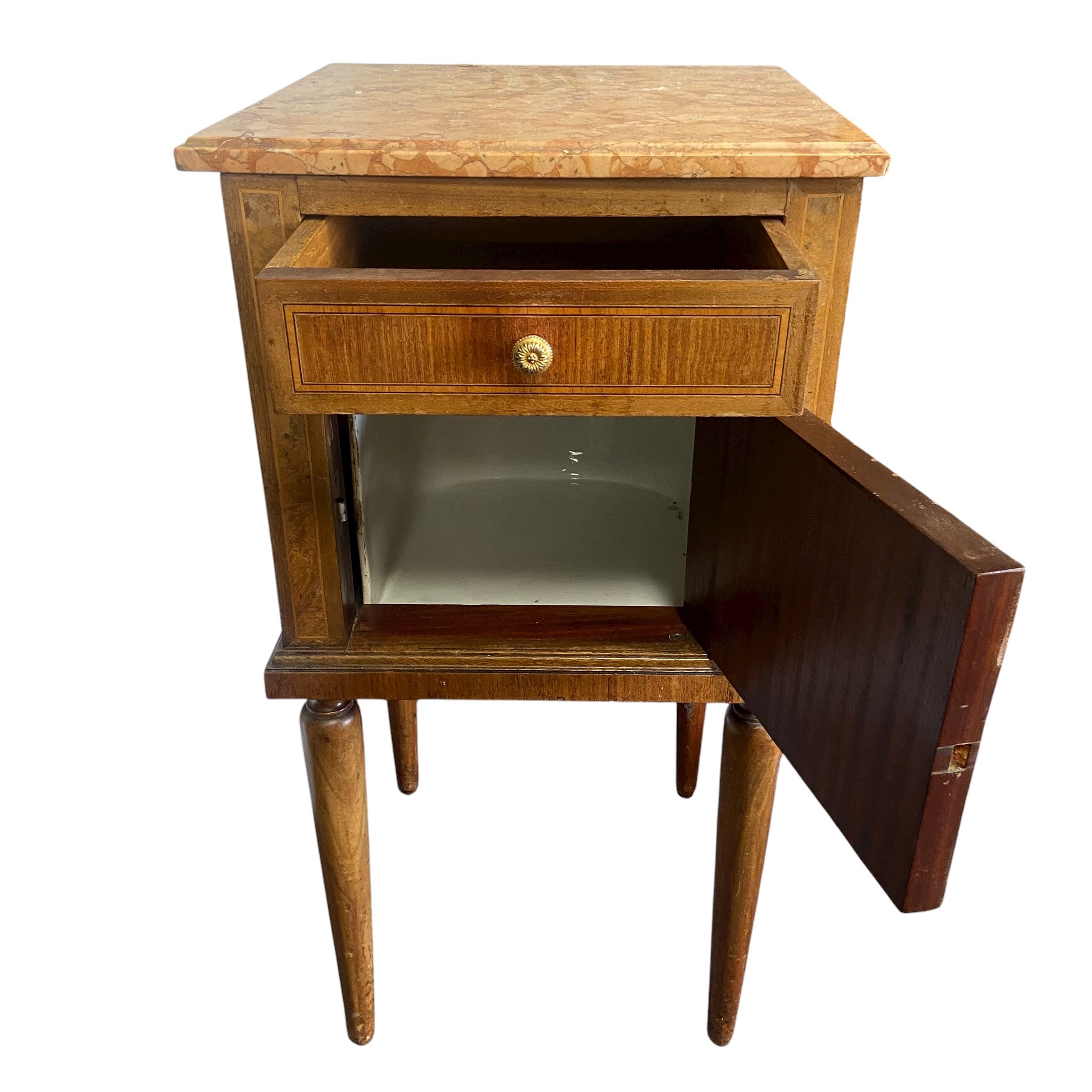 A C.1900 century French walnut bedside cabinet with square marble top over the crossbanded frieze - Image 2 of 5