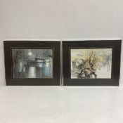 A pair of Chinese watercolours, village scenes, framed and glazed. 50x46cm.