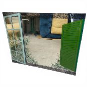 A vintage Italian wall mirror with printed window and shutter design. 100x80cm.