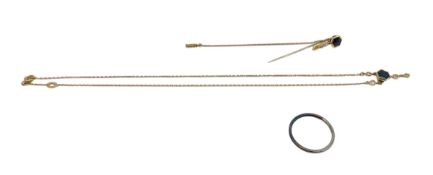 A vintage 18k gold and diamond stick pin and necklace set together with an 18k white gold ring.