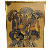 A large 1970s Indonesian batik fabric painting depicting three deities or figures from folklore.