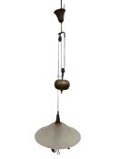 A 20th century ceiling pendant light with brass rise and fall mechanism over four scrolling branches