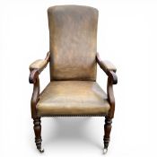 A 19th century mahogany open library armchair with shaped leather upholstered back, seat and arms